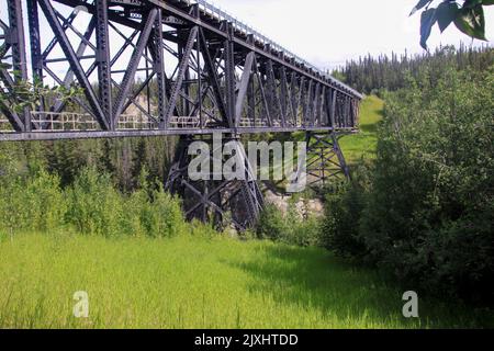 Kuskulana Bridge, built in 1910, spanning 238 feet (73 m) high above the Kuskulana River built by Copper River and Northwest Railroad to access the Ke Stock Photo