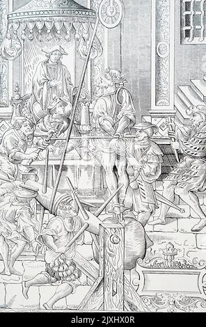 Illustration depicting the 'Estrapade' or 'Question Extraordinary' being used to extract a confession from a prisoner. Dated 16th Century Stock Photo