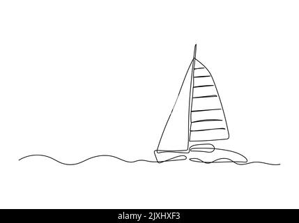Continuous line drawing of a sailboat in the sea. Minimalism art. Stock Vector