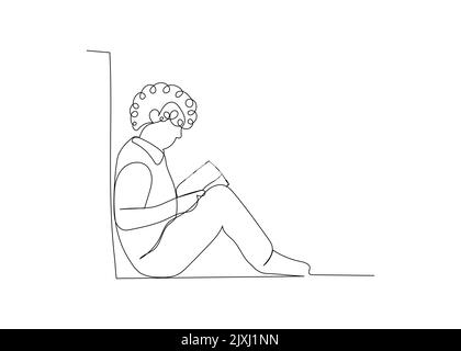 continuous line drawing of boy sitting cross-legged on floor reading a ...