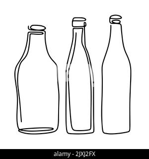 Set of glass bottles line art. Contour vessels for liquids and drinks. Simple black sketch drinking glassware isolated vector illustration Stock Vector