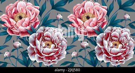 Floral seamless pattern. Botanical wallpaper with realistic peonies, dark background. Vintage hand drawn flowers, buds, leaves for wallpapers, fabrics Stock Photo