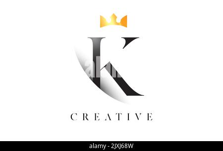 K Letter Logo Design with Golden Luxury Royal Crown Icon and Shadow Letter Vector. Serif Font k Logo Elegant Minimalist Design. Stock Vector