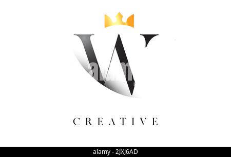 W Letter Logo Design with Golden Luxury Royal Crown Icon and Shadow Letter Vector. Serif Font w Logo Elegant Minimalist Design. Stock Vector