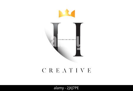 H Letter Logo Design with Golden Luxury Royal Crown Icon and Shadow Letter Vector. Serif Font h Logo Elegant Minimalist Design. Stock Vector