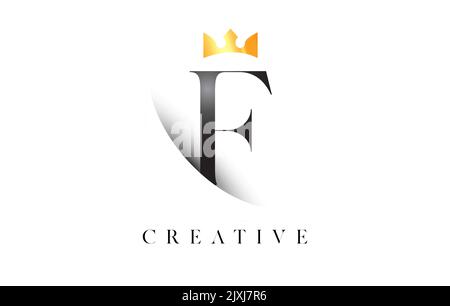 F Letter Logo Design with Golden Luxury Royal Crown Icon and Shadow Letter Vector. Serif Font f Logo Elegant Minimalist Design. Stock Vector