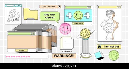 Retro browser computer window vector illustration of UI and UX. Funny smile face hipster stickers. Old computer browser in 80s style with smile face h Stock Vector