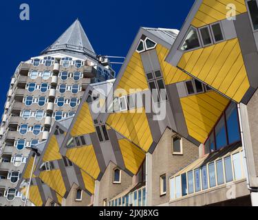 Facing the Centrum Markt in Rotterdam, the Netherlands, these distinctive Cube Houses have rapidly become both local favourites and tourist magnets. Stock Photo