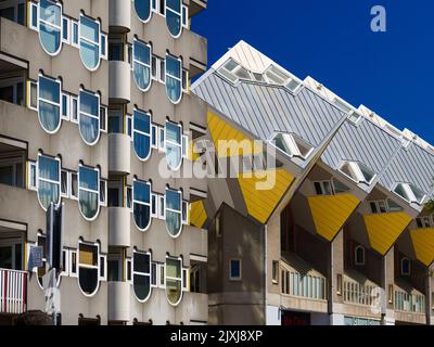 Facing the Centrum Markt in Rotterdam, the Netherlands, these distinctive Cube Houses have rapidly become both local favourites and tourist magnets. Stock Photo