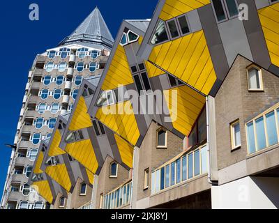 Facing the Centrum Markt in Rotterdam, the Netherlands, these distinctive Cube Houses have rapidly become both local favourites and tourist magnets. Stock Photo