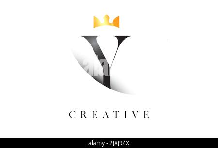 Y Letter Logo Design with Golden Luxury Royal Crown Icon and Shadow Letter Vector. Serif Font y Logo Elegant Minimalist Design. Stock Vector
