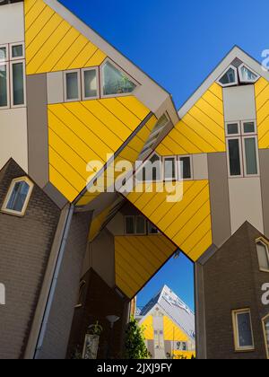 Facing the Centrum Markt in Rotterdam, the Netherlands, these distinctive Cube Houses have rapidly become both local favourites and tourist magnets. Stock Photo