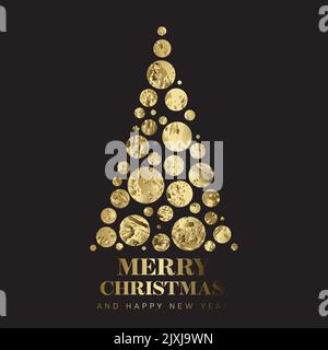 Vector black modern simple trendy christmas card with abstract golden christmas tree made from circles and minimalistic simple lettering. Metallic gol Stock Vector