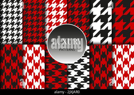 Houndstooth seamless patterns set. Fabric background. Classical red checkered textile collection Stock Vector