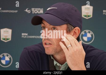 Wentworth, Surrey, UK. 7th Sep, 2022. Rory McIlroy talks to the press about all things golf and LIV golf at the BMW/PGA Championship celebrity ProAm held at the Wentworth Golf Club, Virginia Water, Surrey. Credit: Motofoto/Alamy Live News Stock Photo