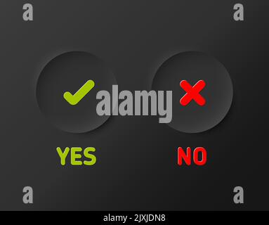 Set of fresh minimalist dark icons for various status - yes, no, accept, cancel in dark gray relief circles on black gradient background - green and r Stock Vector