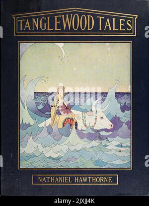 front cover from the book ' Tanglewood tales ' by Nathaniel Hawthorne, 1804-1864; Illustrated by Virginia Frances Sterrett, Publication date 1921 Publisher Philadelphia Penn Pub. Co. Tanglewood Tales for Boys and Girls (1853) is a book by American author Nathaniel Hawthorne, a sequel to A Wonder-Book for Girls and Boys. It is a re-writing of well-known Greek myths in a volume for children. Stock Photo