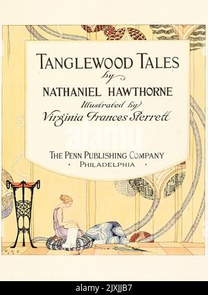 Title Page from the book ' Tanglewood tales ' by Nathaniel Hawthorne, 1804-1864; Illustrated by Virginia Frances Sterrett, Publication date 1921 Publisher Philadelphia Penn Pub. Co. Tanglewood Tales for Boys and Girls (1853) is a book by American author Nathaniel Hawthorne, a sequel to A Wonder-Book for Girls and Boys. It is a re-writing of well-known Greek myths in a volume for children. Stock Photo