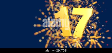 Gold number 17 in the foreground with gold confetti falling and fireworks behind out of focus against a dark blue background. 3D Illustration Stock Photo