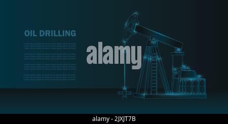 Oil drilling machine in low poly wireframe style. Petroleum fuel industry futuristic concept. Oil well rig jack vector illustration. Stock Vector