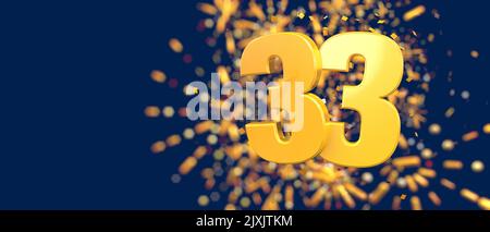 Gold number 33 in the foreground with gold confetti falling and fireworks behind out of focus against a dark blue background. 3D Illustration Stock Photo