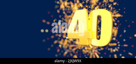 Gold number 40 in the foreground with gold confetti falling and fireworks behind out of focus against a dark blue background. 3D Illustration Stock Photo