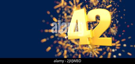 Gold number 42 in the foreground with gold confetti falling and fireworks behind out of focus against a dark blue background. 3D Illustration Stock Photo