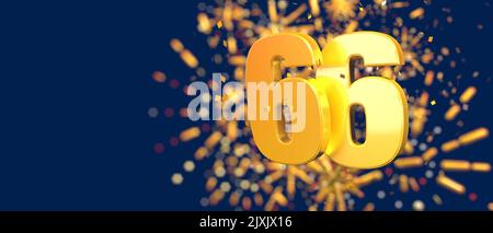 Gold number 66 in the foreground with gold confetti falling and fireworks behind out of focus against a dark blue background. 3D Illustration Stock Photo