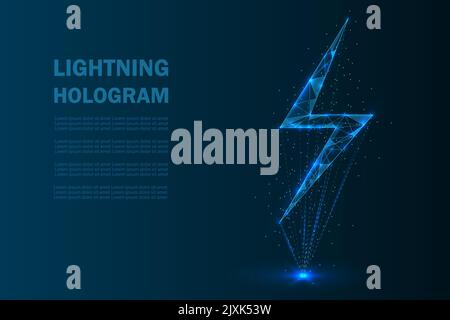 Lightning hologram in low poly wireframe style vector illustration with lines, dots and lights. Electric energy futuristic concept. Stock Vector