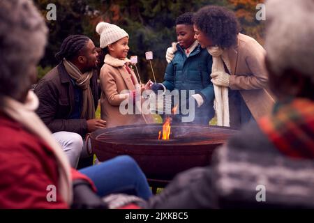 Multi-Generation Family Having Fun Toasting Marshmallows In Autumn Garden Together Stock Photo