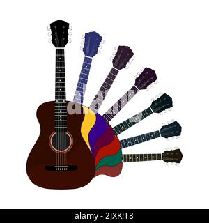 Acoustic guitar set on a white background. Vector illustration of stringed musical instruments Stock Vector