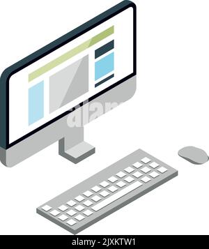 Computer isometric icon. Workspace monitor with keyboard and mouse Stock Vector