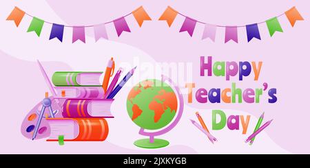 Happy Teacher's Day poster in cartoon style. School background with books, pencils and globe. Vector illustration. Stock Vector