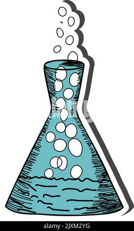 Chemistry flask sticker with shadow on education theme. Back to school. Vector illustration. Stock Vector