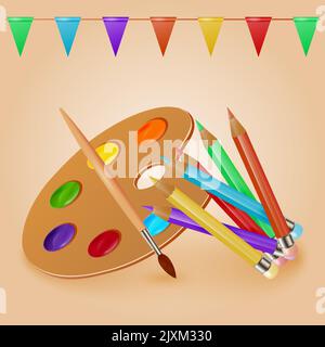 Collection of artist supplies. Set of different art tools paint brushe,  easel, palette knife, pencil. Painter accessories. Vector outline  illustration isolated on white background. 10017907 Vector Art at Vecteezy