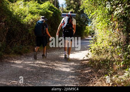 Two pilgrims along the Way to Santiago de Compostela on the St James pilgrimage route, Spain Stock Photo