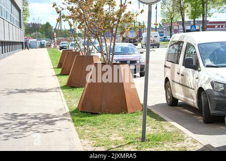 Riga, Latvia - May 13, 2022: Rusty metal covers for the young trees in the city near the car parking on the street. Stock Photo