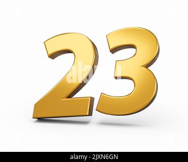 A 3D illustration of a Gold color number 23 Twenty-three isolated white background. Stock Photo