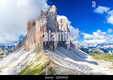Three peaks of the Drei Zinnen (Tre Cime di Lavaredo) in the Dolomite Alps in Italy seen from Paternsattel (Forcella Lavaredo) Stock Photo