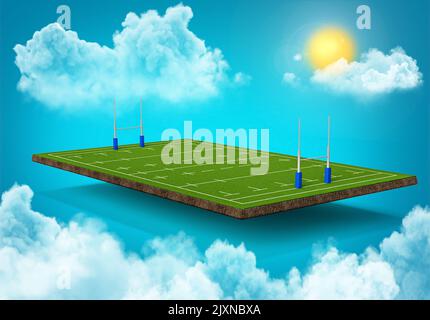 The 3d rendering of the rugby field in the blue sky with glowing sun and white clouds. Stock Photo