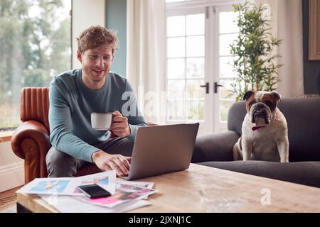 Man Working From Home In Creative Design Or Marketing Industry Checking Artwork With Pet Bulldog Stock Photo