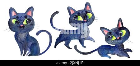 Watercolor illustration of halloween cute cartoon black cats. Happy Halloween isolated illustration. For halloween party, posters, design, print, deco Stock Photo