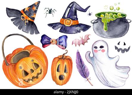 Watercolor illustration set of different fantasy Halloween elements potion, magic ball, candles, crystal. Isolated hand drawn painting. For party, pos Stock Photo