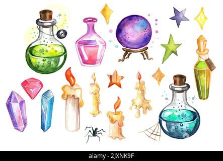 Watercolor illustration set of different fantasy Halloween elements witch hat, potion pot, ghost, pumpkin. Isolated hand drawn painting. For party, po Stock Photo