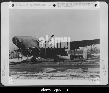 North American B-25 Which Was Damaged During The Eruption Of Mt. Vesuvius On 23 March 1944. Note Ashes And Cinders Piled Around The Place. 340Th Bomb Group, Italy. Stock Photo