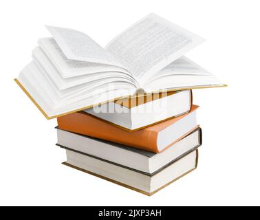Stack of books and an opened book on top isolated on white Stock Photo