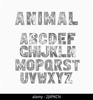 Cute Animals Font for kids. Decorative ancient alphabet. Vintage characters typeface. Double exposure Editable and layered. Kangaroo, octopus. Hand Stock Vector