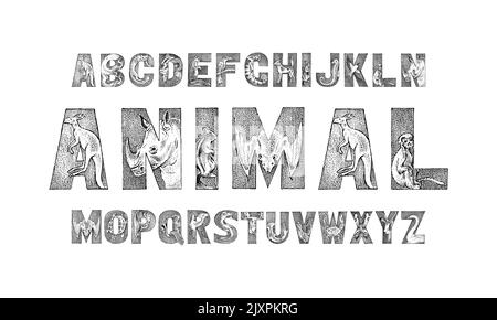 Cute Animals Font for kids. Decorative ancient alphabet. Vintage characters typeface. Double exposure Editable and layered. Kangaroo, octopus. Hand Stock Vector