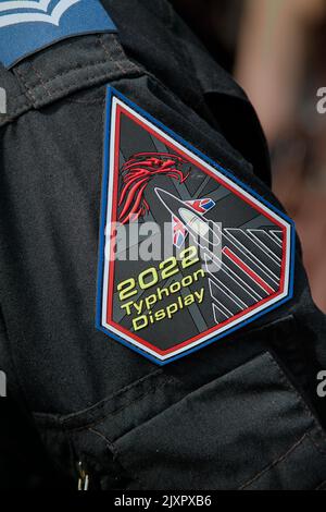 Image Photograph Of Rubberised PVC Arm Patch On The Arm Of A Royal Air Force Typhoon FGR4 Display Pilot, Bournemouth UK
