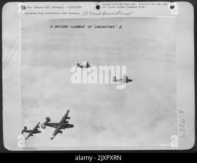 Consolidated B-24 Liberators over Germany. 392nd Bomb Group. Stock Photo